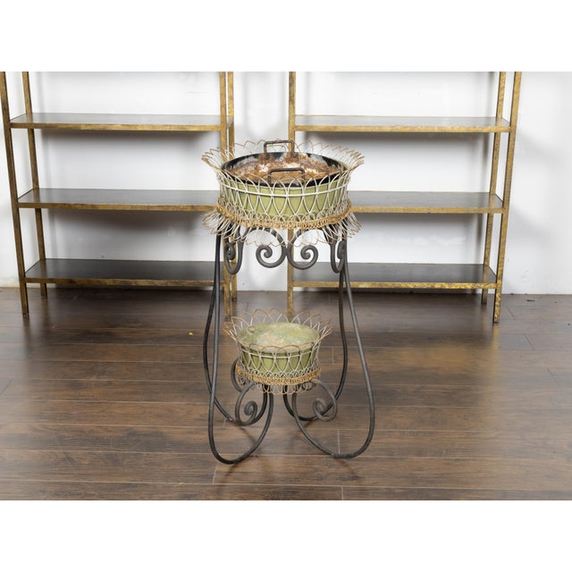 Metal French Turn of the Century 1900s Two-Tiered Green Painted Oval Jardinière For Sale - Image 7 of 11