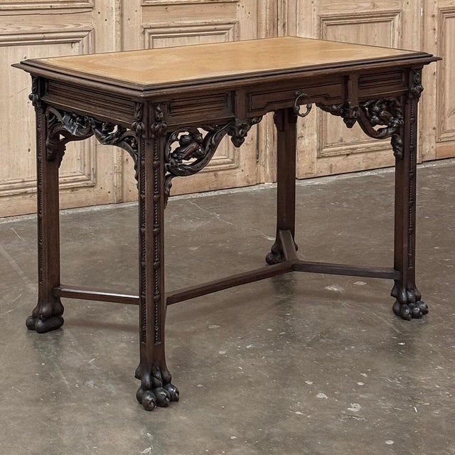 Gothic 19th Century French Gothic Walnut Writing Desk With Leather Top For Sale - Image 3 of 18