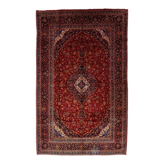 1960s Room Size Kashan Persian Wool Rug in Red With Rosette Motif For Sale