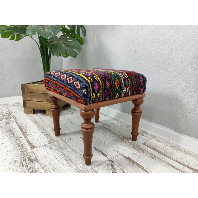 Wood Embroidered Kilim Upholstered Footstool For Sale - Image 7 of 9