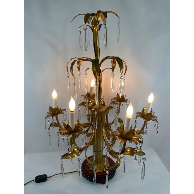 Mid 20th Century Mid 20th Century Italian Gilt Tole and Crystals Electric Candelabra Lamp For Sale - Image 5 of 18
