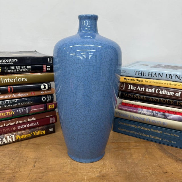 Crackle Blue Glazed Ceramic Vase with Tapered Body For Sale - Image 4 of 8