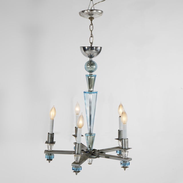 Art Deco Mid Century Modern Chrome & Aqua Blue Glass Five-Light Chandelier C1950 For Sale - Image 6 of 9