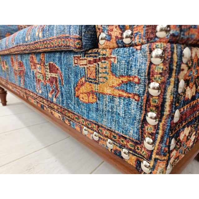 Cerulean Horse Pattern Rug Print Fabric Upholstered Armed Storage Bench For Sale - Image 8 of 10