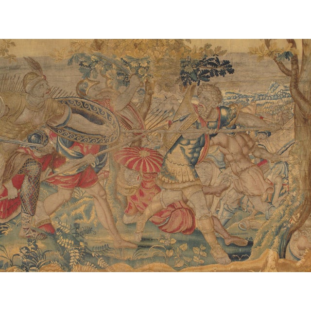 17th Century Fine Brussels Tapestry, Silk Wool, Green, Blue, Red, Battle Scene For Sale - Image 9 of 12