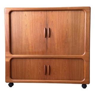 Vintage 1970s Dyrlund Danish Modern Teak Rolling Tv / Media Cabinet With Tambour Doors For Sale