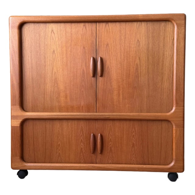 Vintage 1970s Dyrlund Danish Modern Teak Rolling Tv / Media Cabinet With Tambour Doors For Sale