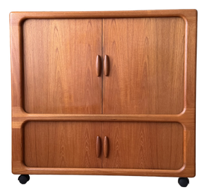 Vintage 1970s Dyrlund Danish Modern Teak Rolling Tv / Media Cabinet With Tambour Doors