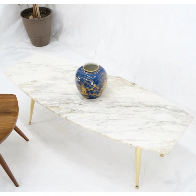 Metal Boat Shape Marble Top Tapered Cone Shape Brass Legs Coffee Table For Sale - Image 7 of 13