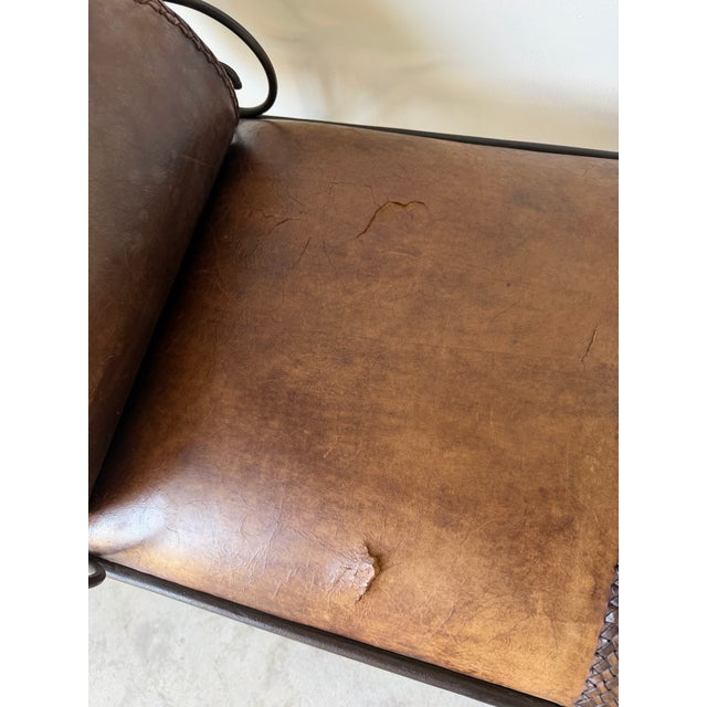 Vintage Rustic Wrought Iron & Leather Scroll Bench For Sale - Image 10 of 12