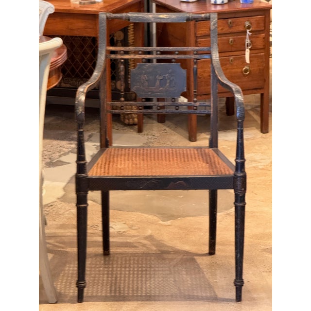 Traditional 19th Century Regency Ebonized Armchair With Painted Back Panel For Sale - Image 3 of 14