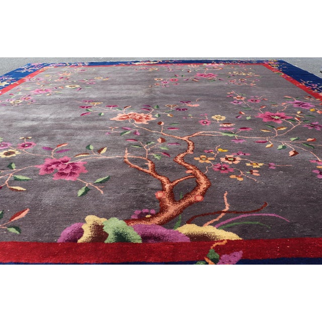Textile Antique Art Deco Rug in Soft Grey Field With Navy Blue and Red Border For Sale - Image 7 of 14