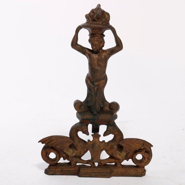 1900 - 1909 Antique Neoclassical Figural Cast & Wrought Iron Fireplace Andirons, Circa 1900 For Sale - Image 5 of 9