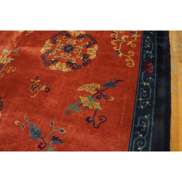 Burnt Orange 1920s Burnt Orange Field Floral Deco Oriental Antique Chinese Peking Knotted Rug For Sale - Image 8 of 10