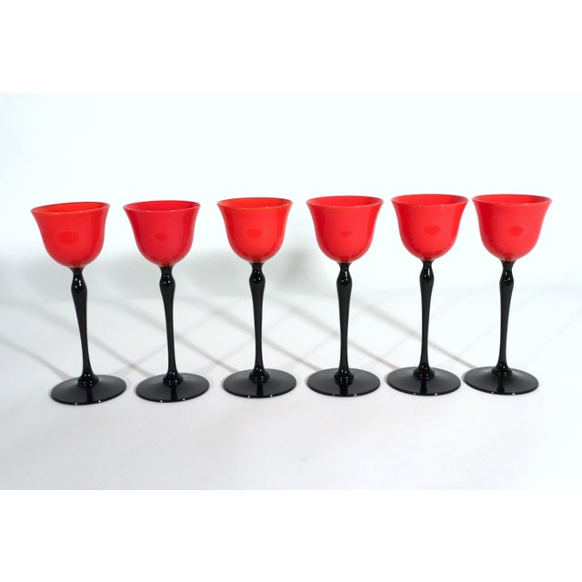 Red 1920s Czech Art Deco Tango Glass Red & Black Cordial Glasses — Set of 6 For Sale - Image 8 of 8