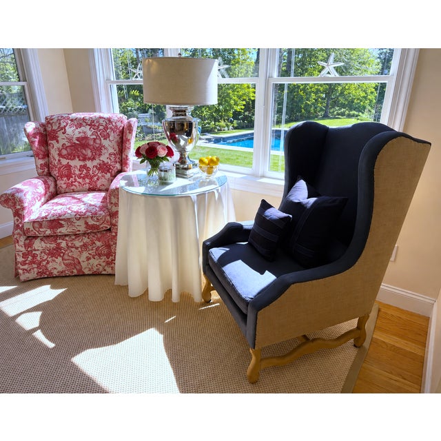 Custom Wingback Chair in Red Raspberry and Cream in Heritage Toile by Brunschwig & Fils For Sale - Image 13 of 17