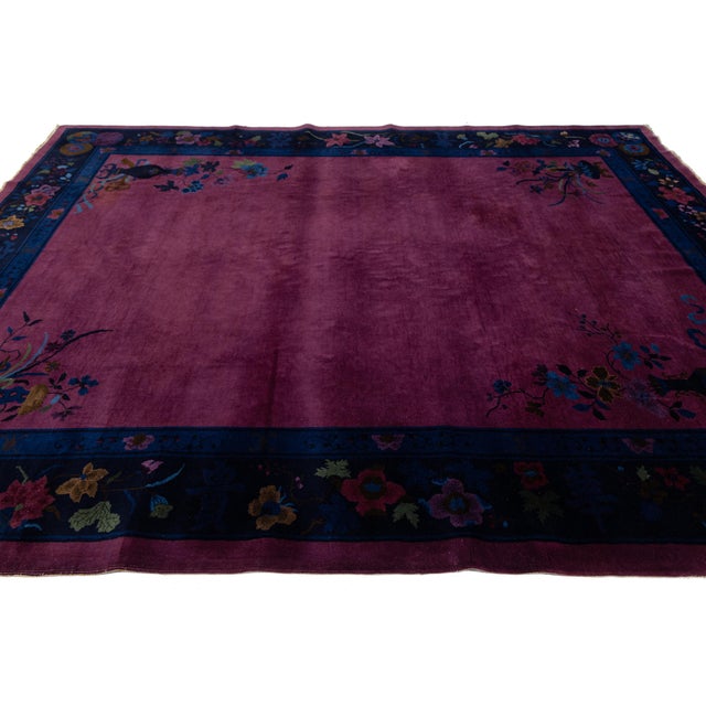 Navy Blue Antique Chinese Art Deco Rug Vibrant Plum & Navy Wool 9x12 For Sale - Image 8 of 11