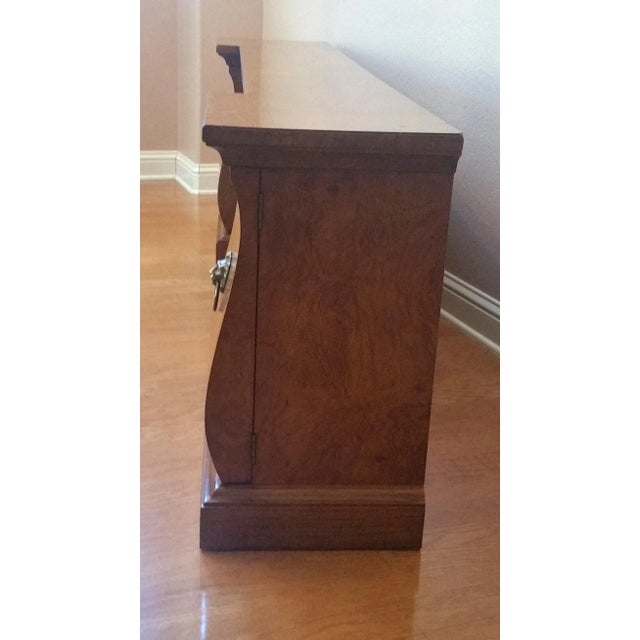 1960s Long & Low Burlwood Credenza With Brass Hardware and Built-In Bookcase -- Custom and Handmade For Sale - Image 9 of 11