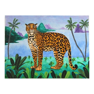 Leopard in Tropical Seascape Landscape Traditional Britsh Colonial Original Painting by Cleo Plowden For Sale