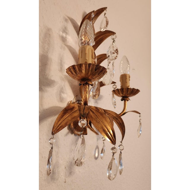 Vintage Two-Light Wall Lamp with Gold Leaf and Crystals, 1960s For Sale - Image 18 of 18