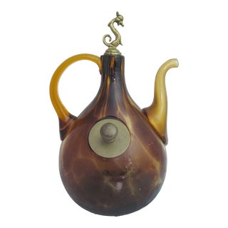 Handblown Tortoise Shell Brown Glass Ice Chamber Decanter Dolphin Pitcher For Sale
