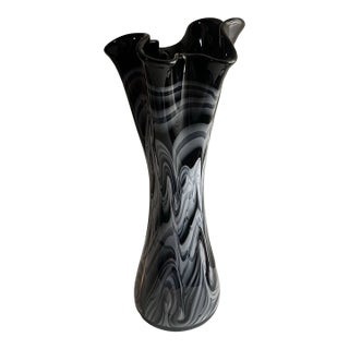 Vintage Murano Style Hand Blown Black White Swirl Art Glass Vase For Sale
