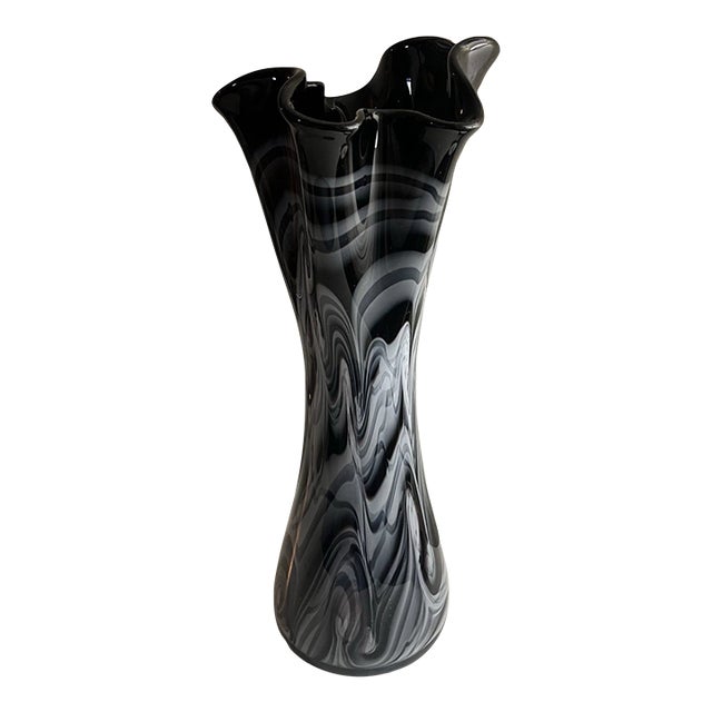 Vintage Murano Style Hand Blown Black White Swirl Art Glass Vase For Sale