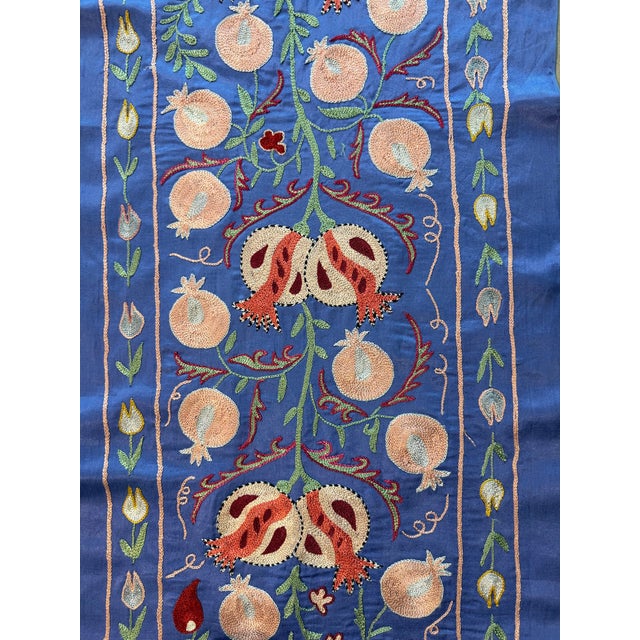 Mid-Century Modern Periwinkle Silk Suzani Runner With Peach Pomegranates For Sale - Image 3 of 7
