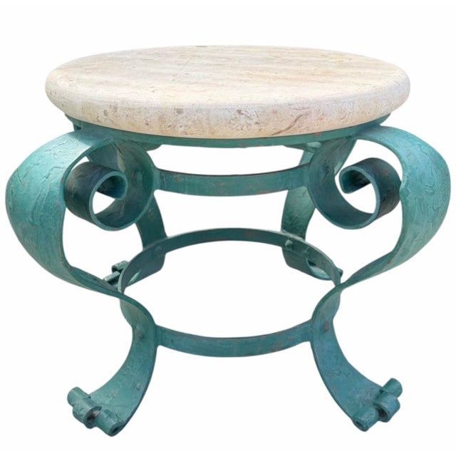 Late 20th Century Vintage Hand-Painted Iron Petite Cocktail Table With Tessellated Travertine Top For Sale - Image 5 of 11