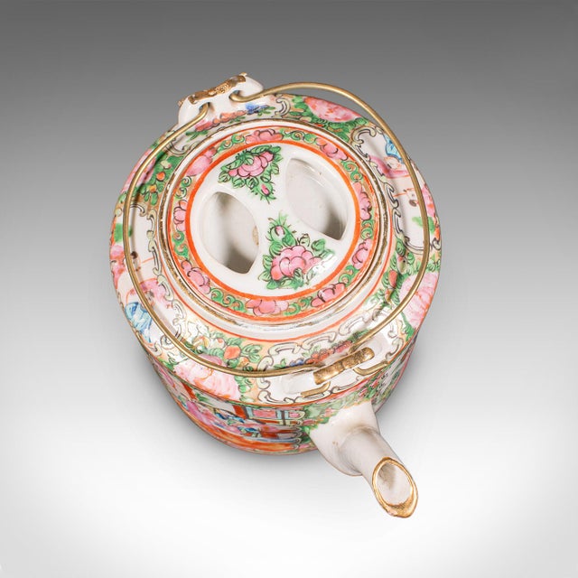 Wood Antique Famille Rose Teapot, Oriental, Ceramic Chá Pot, Wicker Case, Circa 1920 For Sale - Image 7 of 12