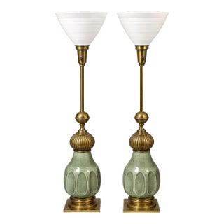 1950s Stiffel Crackle Glaze Ceramic and Brass Moorish Style Table Lamps - a Pair For Sale