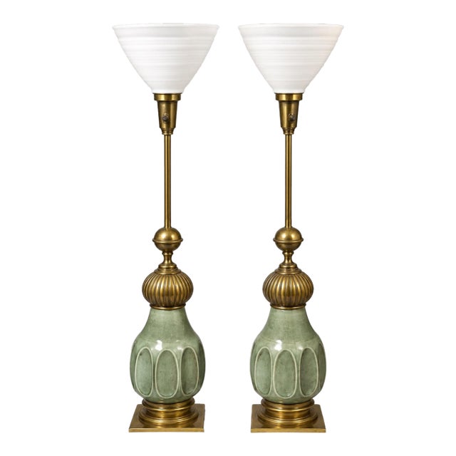 1950s Stiffel Crackle Glaze Ceramic and Brass Moorish Style Table Lamps - a Pair For Sale