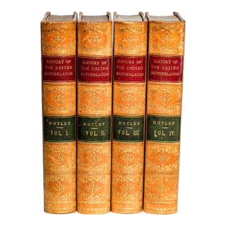 Wonderful Complete 4 Volume History of the Netherlands John Lothrop Motley Ornate Antique Leather Spine Books Home Office Decor For Sale