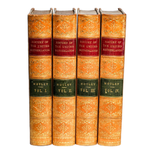 Wonderful Complete 4 Volume History of the Netherlands John Lothrop Motley Ornate Antique Leather Spine Books Home Office Decor