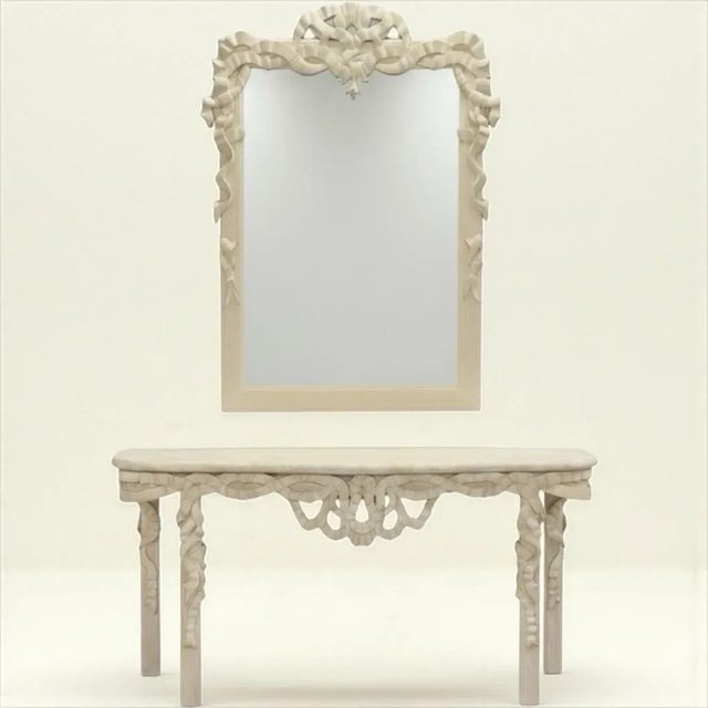 1970s Hollywood Regency Style Italian Carved Ribbon Mirror & Stone Console Table For Sale - Image 5 of 10