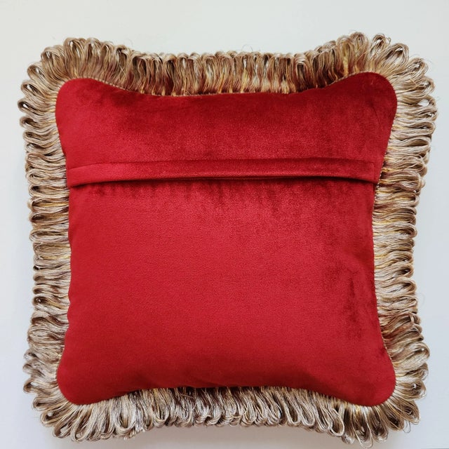 Beautiful silk velvet pillow with Indian Chinoiserie design on the front and ruby red velvet at the back. The velvet is...