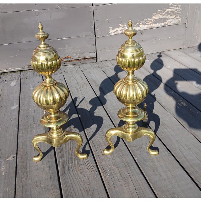 1950s Vintage Ornate Cast Brass Fireplace Andirons 1950s For Sale - Image 5 of 18