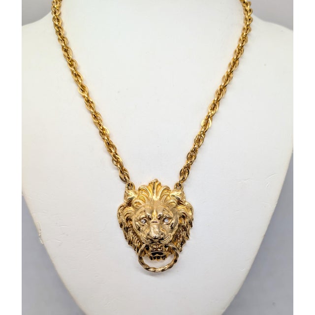 1970s Vintage 1970s Signed Accessocraft Goldtone Lion Doorknocker With Rhinestone Eyes Pendant Necklace For Sale - Image 5 of 9