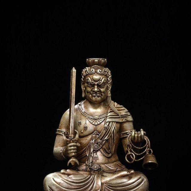 This is a finely cast vintage silver-plated bronze statue of Acala (also known as Fudo Myoo or the Immovable One), a...