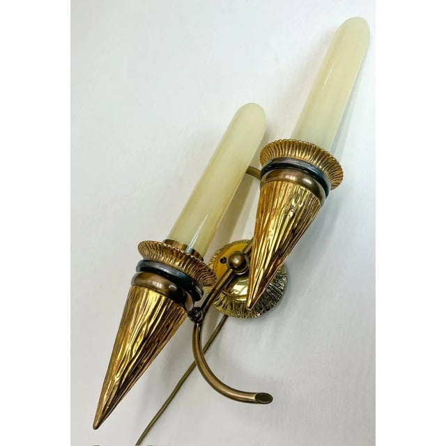 Art Deco Bronze Torchiere Wall Light with Glass Candles, 1950s For Sale - Image 9 of 12