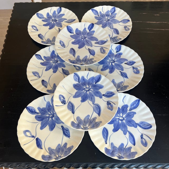 Antique Southern Potteries Hand Painted Blue and White Flower Plates - Set of 8