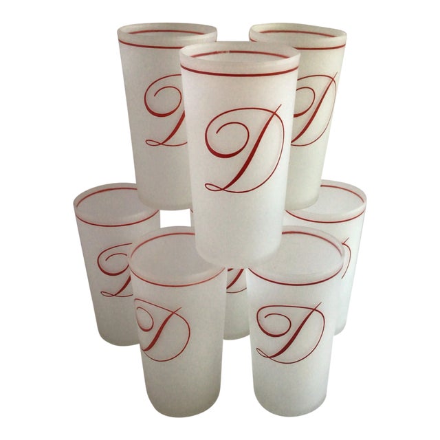 Vintage Federal Frosted Highball Glasses Embossed With a Cursive Red D- Set of 8 For Sale
