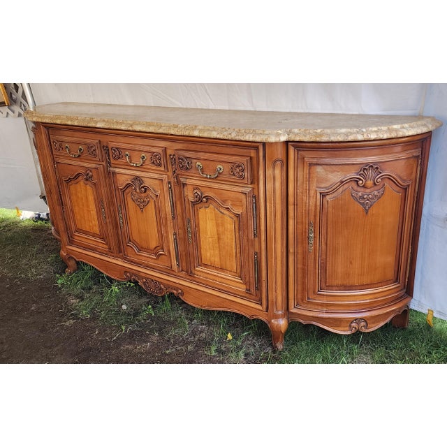 Palatial Solid Cherry Country French Provincial Marble Top Dining Room Sideboard Buffet C1960s For Sale - Image 12 of 12
