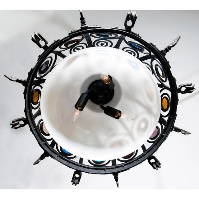 Mid 20th Century Wrought Iron and Colored Glass Jeweled Chandelier For Sale In Seattle - Image 6 of 7