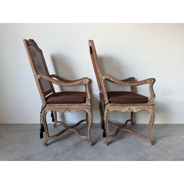 Vintage Hollywood Regency Louis XV-Style Carved Wood & Cane Armchairs – A Pair For Sale In Miami - Image 6 of 13
