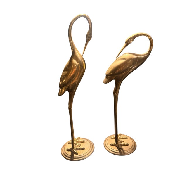 Brass A Pair of Vintage Mid Century Etched Brass Crane Figurines on Circular Bases. For Sale - Image 8 of 11