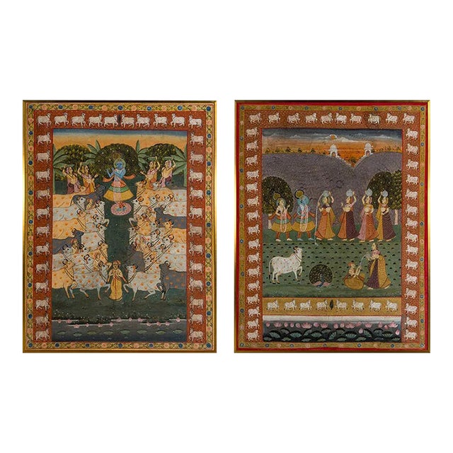 Pair of Monumental Framed Indian Pichwai Paintings of Krishna, Late 20th Century For Sale