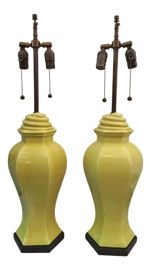 Citron Porcelain Table Lamps With Serpentine Details - a Pair