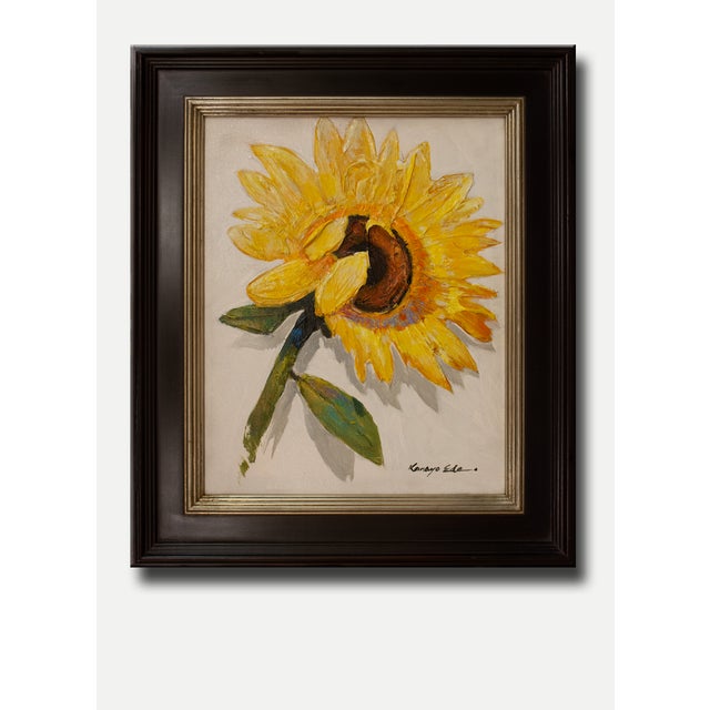 Sunflower: Heavy Textured Framed Yellow Sunflower Painting On Canvas. Black wood smooth frame with golden lip. Dimensions:...