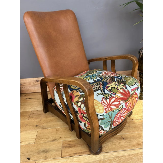 Art Deco Bentwood Armchair with Tan Leather and Chiang Mai Dragon Fabric Upholstery from Schumacher, 1930s For Sale - Image 13 of 18